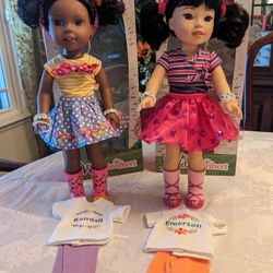 American Girl, Wellie Wishers, Emerson And Kendall With Boxes, And Extras - Beautiful Faces