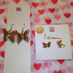 2 Pairs Of Golden Butterfly Earrings 