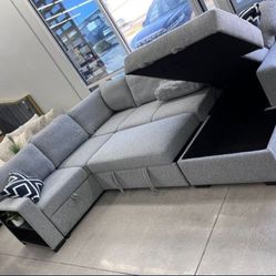 ✅️✅️4 pc Grey boucle fabric sectional sofa with storage chaise and love seat and pop up sleep area in center drop down tray tables✅️✅️✅️