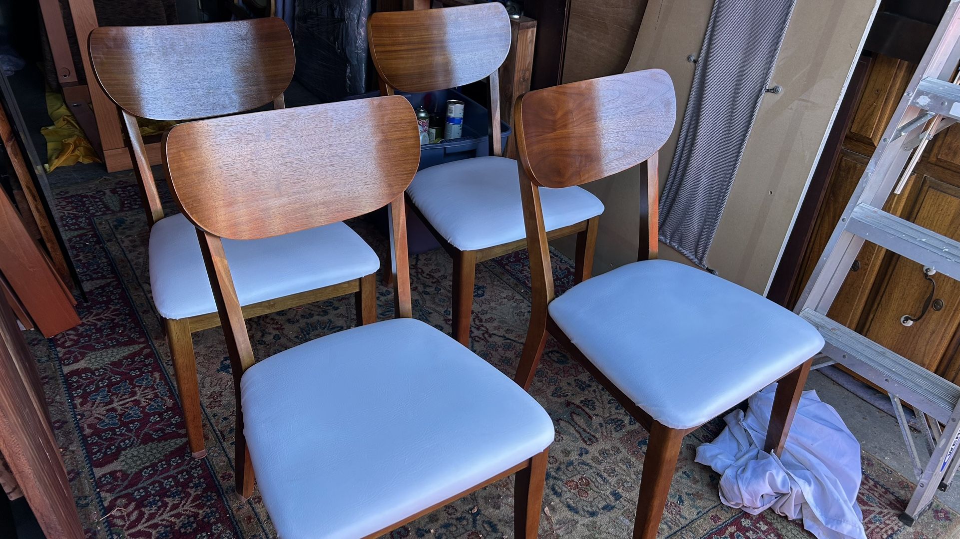 Mid-century modern 4 dining chairs solid wood white upholstered sofa faux leather(address in description šdelivery š available within 15 miles with