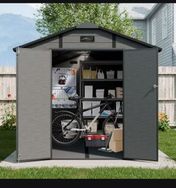 8x14 FT Plastic Outdoor Storage Shed - Lockable Resin Tool Shed with 2 Window & 3 Air vents, Dark Gray