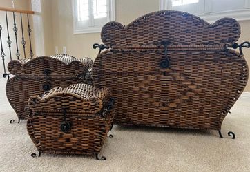 3 wicker wood and metal baskets