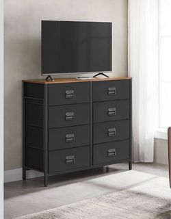 Dresser with 8 Easy Pull Fabric Drawers, Storage Unit with Metal Frame, Wooden Tabletop, Black