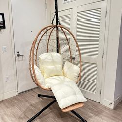 Hanging Egg Chair with Adjustable Footrest & Stand, Wicker Rattan Swing Hammock Chair with Cushion, 350LBS Capacity for Outdoor & Indoor Patio, Deck