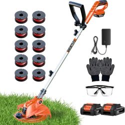 Electric Weed Wacker String Trimmer: 21V Cordless Weed Eater and Edger Battery Powered, 2 in 1 Lawn Tool with 12" Cutting Width, 2 x 2.0Ah Batteries a