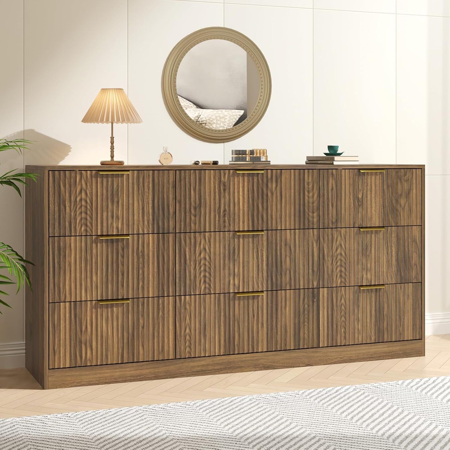 Fluted Wood Dresser for Bedroom,63” Wide 9 Drawer Dresser Mid Century Chest of Drawers Wooden with