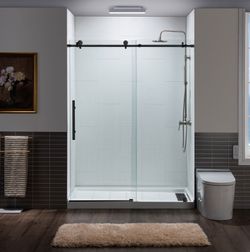 ALPC-6080-MBL， Frameless Single Sliding Shower Door, 56-60" Width × 80"Height with 5/16"(8mm) Clear Tempered Glass in Matte Black Finish,