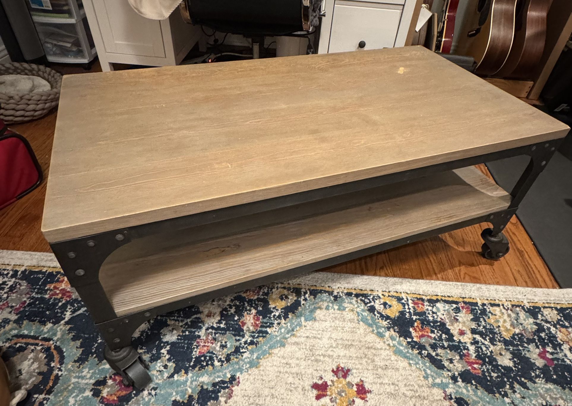 Industrial Coffee Table with Casters – Solid Wood & Metal Frame