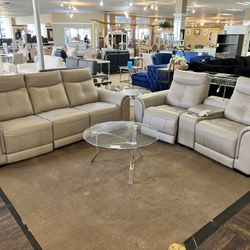 AICO Michael Amini 2 Pc Beige Genius Leather Power Recliner Set (Sofa, Loveseat) 