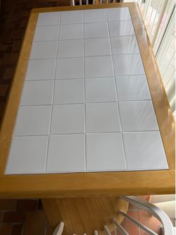 Farm House table / white& natural/ white tile top / 2 chairs