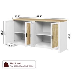 Buffet Cabinet, Rattan Storage Cabinet with 4 Doors and Shelf,