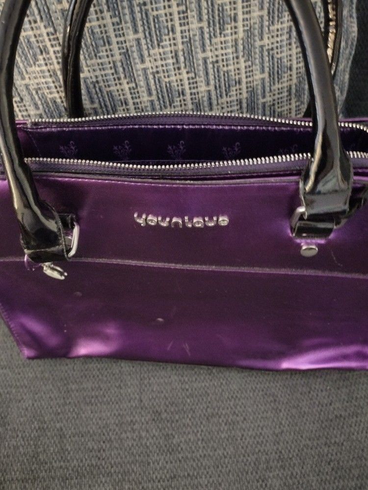 Younlque Purple Leather Metallic Tote Bag Purse Black Patent Leather Handles Brand New Never Used
