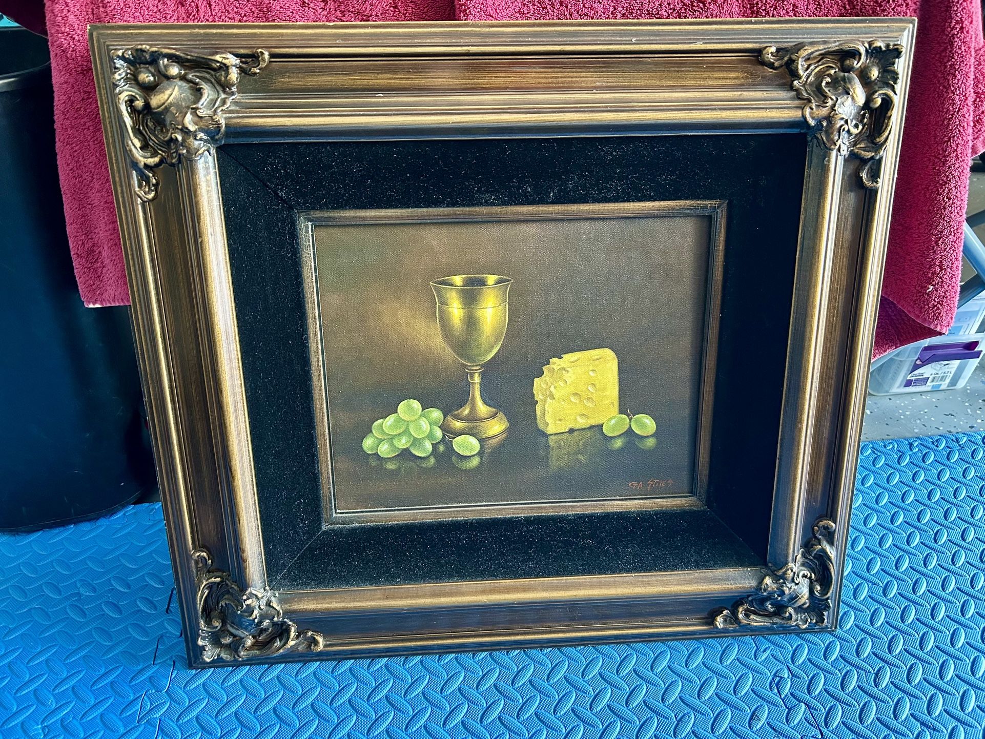 Vintage still life gold frame Oil Painting Wood Frame Signed mid century