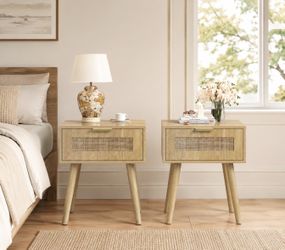 Rattan Nightstands Set of 2, Boho Night Stands with Drawer, Small Bed Side Table with Solid Wood Feet for Bedroom, Living Room, Small Space(Natural)