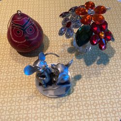 Pewter Mice, Ornament And Plastic Gem Floral