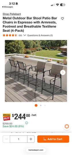 Metal Outdoor Bar Stool Patio Bar Chairs in Espresso with Armrests, Footrest and Breathable Textilene Seat (4-Pack)