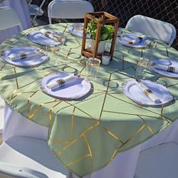 Polyester 54"x54" Table Overlay Square Tablecloth Sage Green with Gold Foil Geometric Pattern