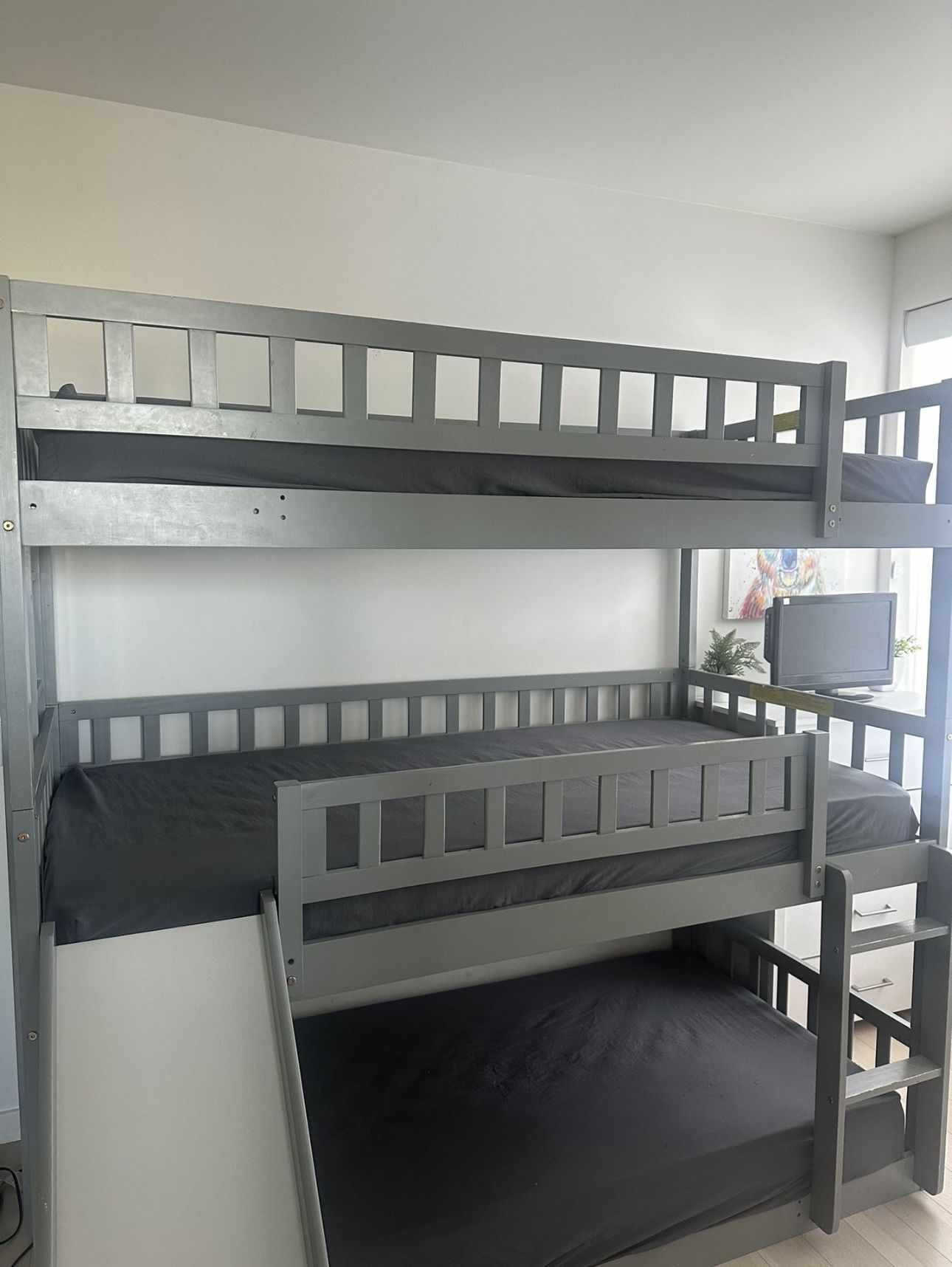Triple Bunk Bed With Slide Mattresses With 3 Used Mattreses