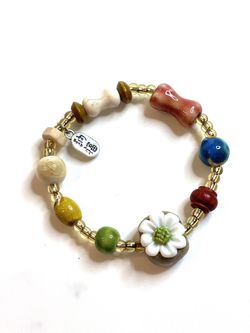 Daisy Bracelet White Green Ceramic Beads Multi Colored Stretchy MED Size