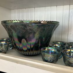 Indiana's Glass Co. Carnival Glass Punch Bowl With Cups - Vintage & collectibles | Color: Blue |