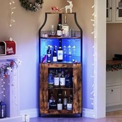 GarveeHome Corner Bar Wine Cabinet with LED Lights, 5-Tier Industrial Wine Cabinet with Glass Holder, Modern Liquor Cabinet with Adjustable Shelf, Hom