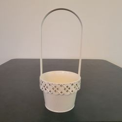 Basket - White Enamel Metal, 11.5 " Tall