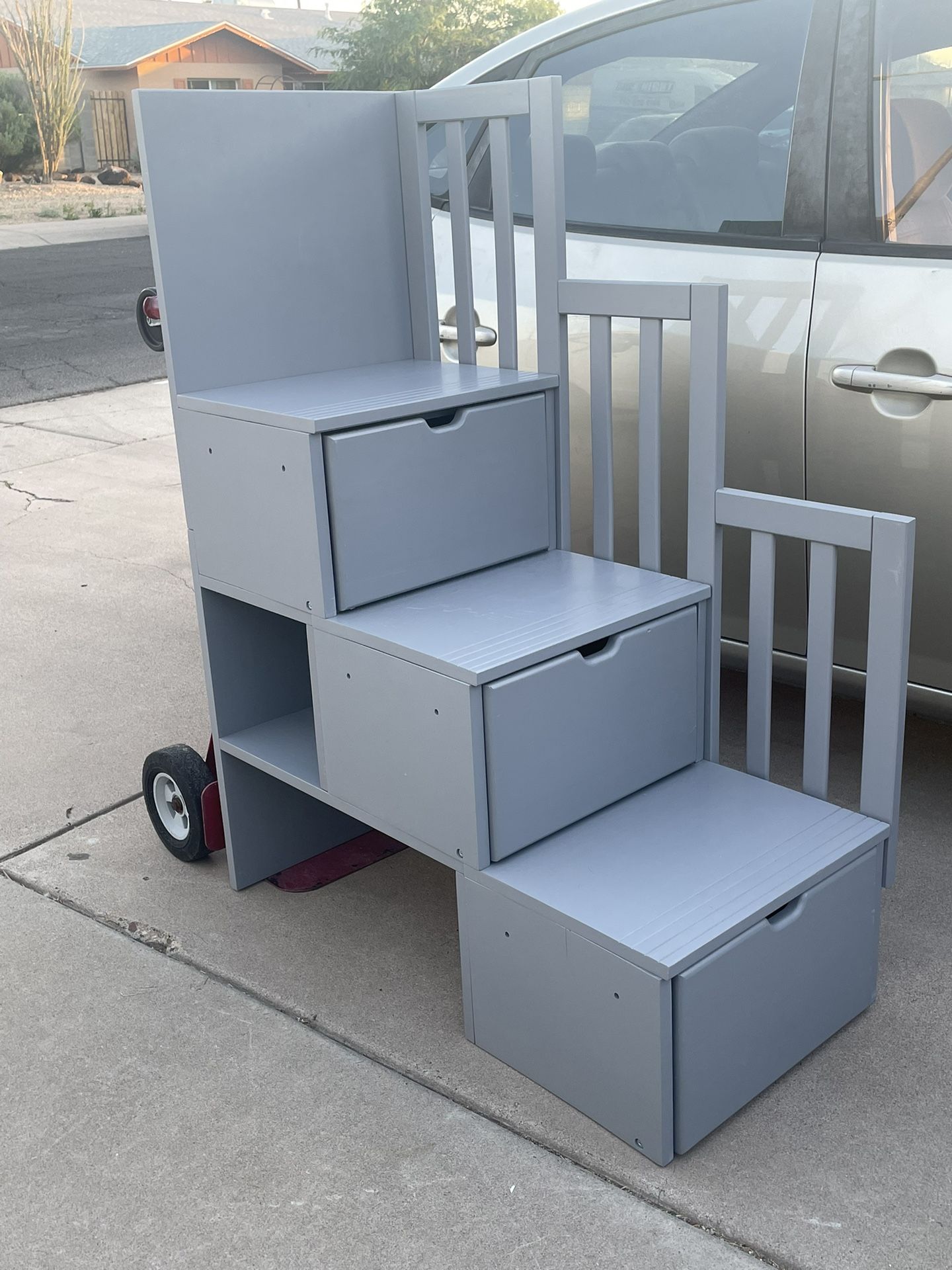 Nice New Grey 3 Step Wooden Staircase w/ Banister & Storage Drawers for Low Loft Bed or Bunkbed