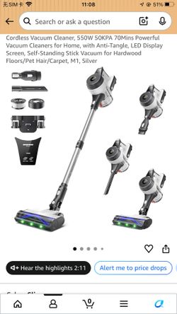 Cordless Vacuum Cleaner, 550W 50KPA 70Mins Powerful Vacuum Cleaners for Home, with Anti-Tangle, LED Display Screen, Self-Standing Stick Vacuum for Har