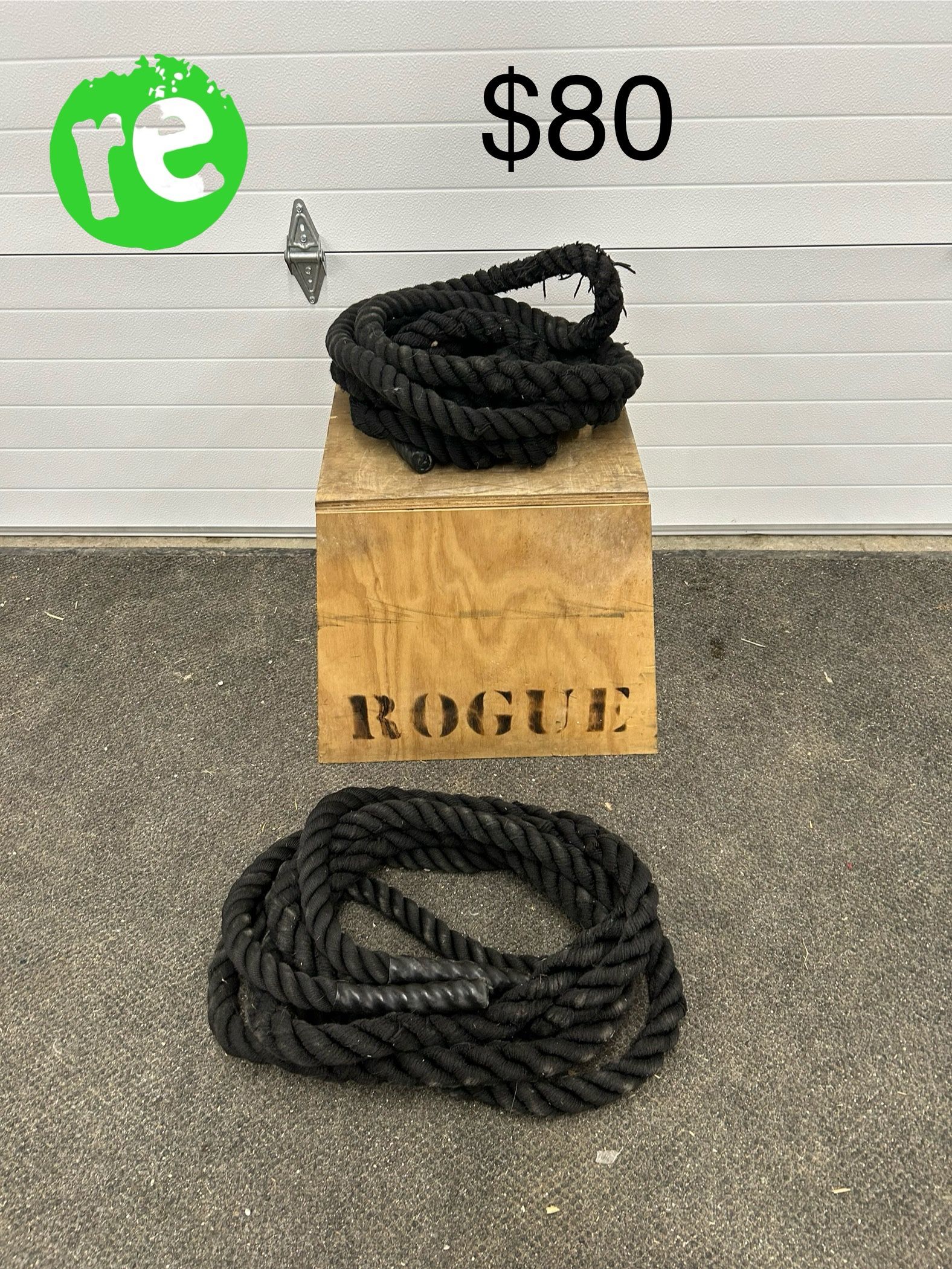 CrossFit Rogue Plyo Box and set of two 14ft long Battle Ropes for Gym