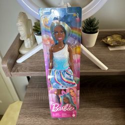 Barbie Doll with Blue Hair and Rainbow Skirt