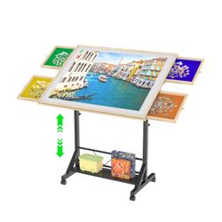 Wooden 1500 Piece Puzzle Table with Drawer, 35*27.17 Adjustable Puzzle Table, 360° Tilting Puzzle Table with Legs and Wheels, Adjustable Height and An