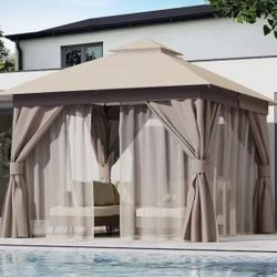 10 ft. x 10 ft. Khaki Outdoor Patio Gazebo with Double Roof