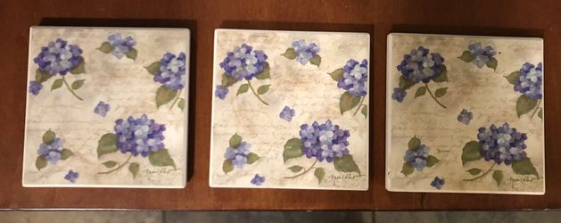 floral tile coasters, set of three, like new