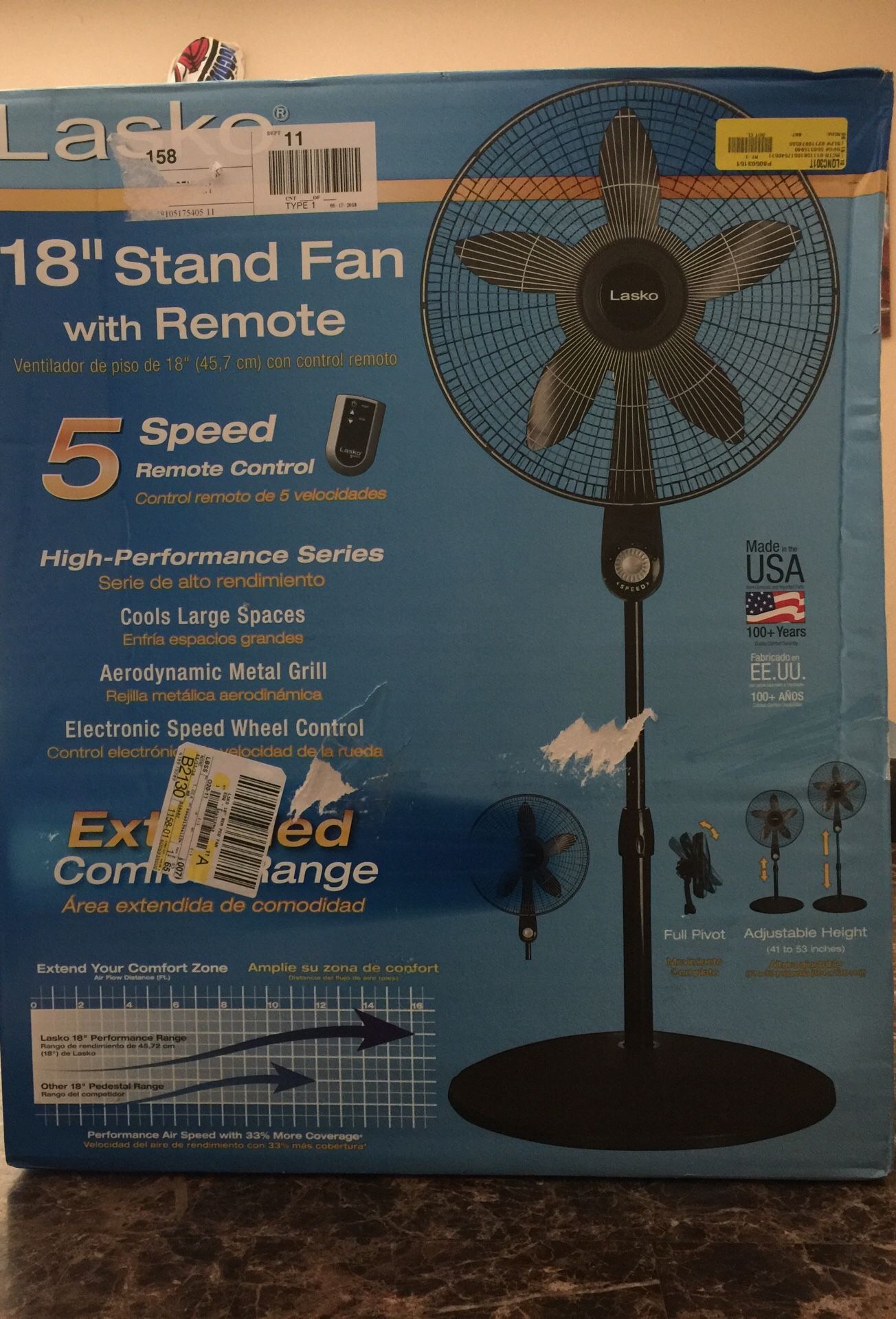 Lasko stand fan with remote control to change speeds