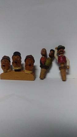 5 Vintage Hand Carved Wooden Bottle Toppers