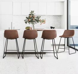 Set of 6，24 in.Brown Faux Leather bar stools