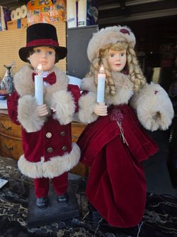 Victorian Christmas Caroler Doll Pair with Candles