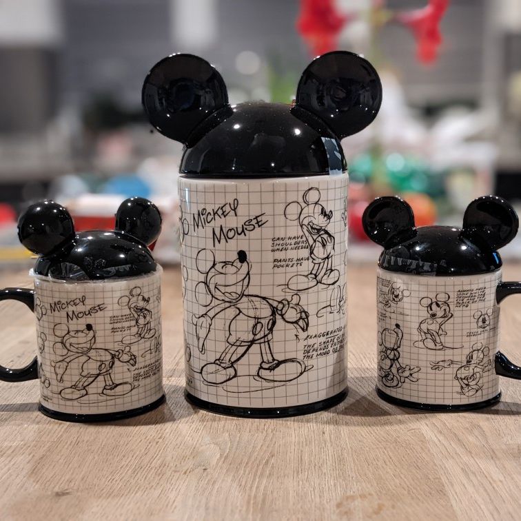 Disney Mickey Mouse cookie jar and mugs