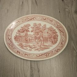 Vintage Serving Platter: 13x10 inch Pink and White Memory Lane Farm Pattern Royal Ironstone