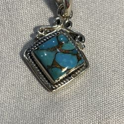 Blue  Tourquise Pendant. New. 925 Silver   Matching Earring And Ring On My Page   