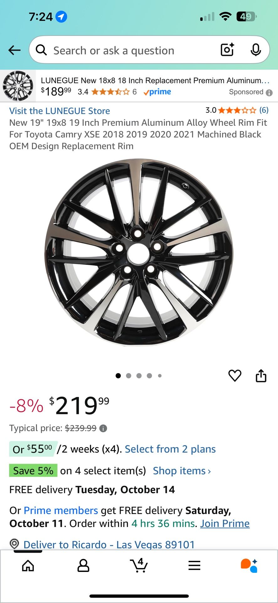 New 19" 19x8 19 Inch Premium Aluminum Alloy Wheel Rim Fit For Toyota Camry XSE 2018 2019 2020 2021 Machined Black OEM Design Replacement Rim