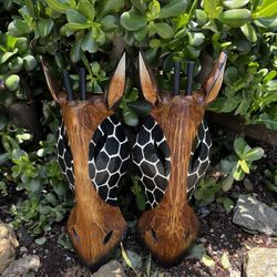 African style Hand carved wooden giraffe face wall hangings set of 2 from Bali-16x6 inches