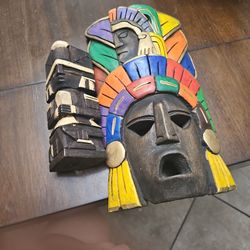 Vintage Hand Carved Hand Painted Mexican Mayan Wooden Mask
