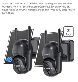 SEHMUA 2 Pack 4G LTE Cellular Solar Security Camera Wireless Outdoor, No Wi-Fi Solar Powered Camera, 360° Live View, 2K Color Night Vision, PIR Motion