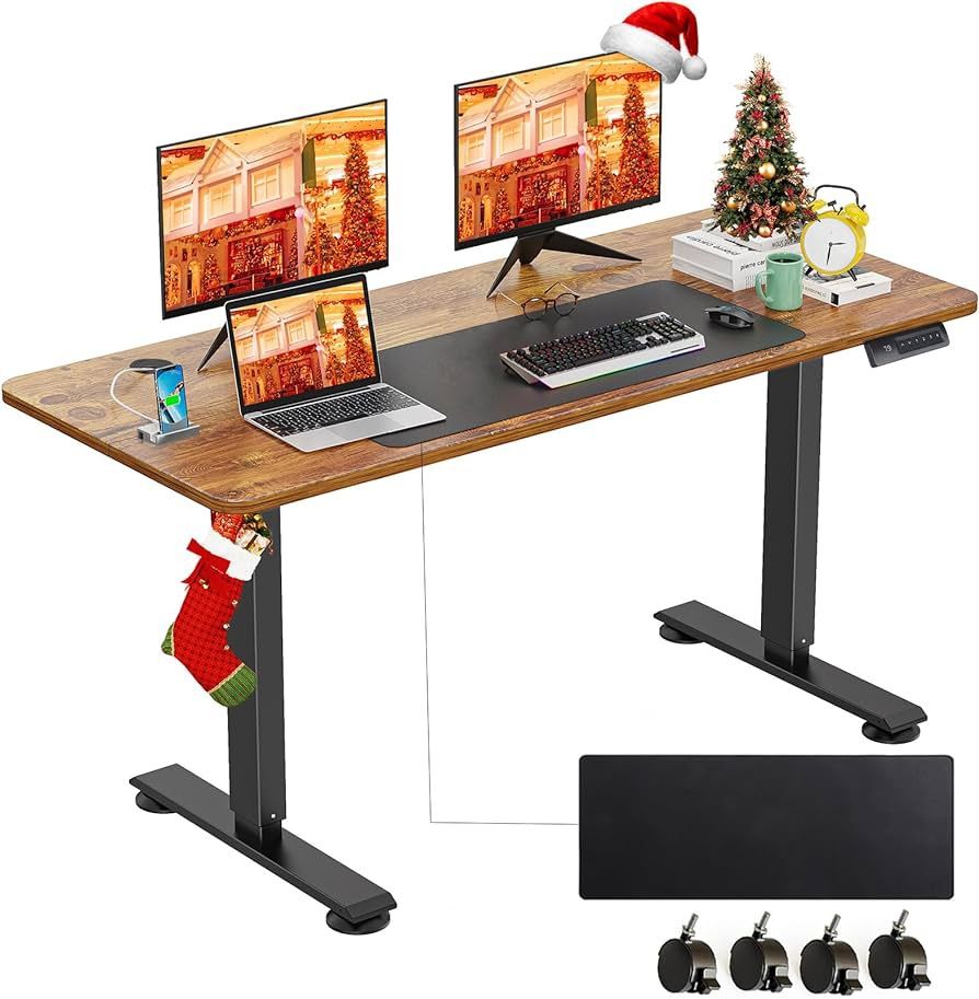 farexon Electric Standing Desk Adjustable Height, 55 x 24 Inch Sit Stand up Desk with Large Mouse Pad, Double Metal Hook,4 Wheels,4 Memory Preset Heig