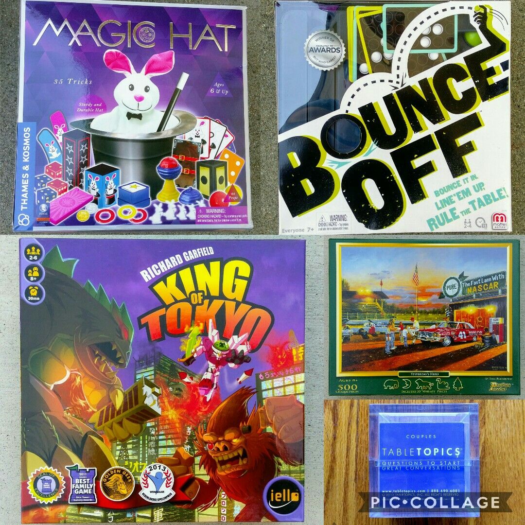 King of Tokyo, Magic Hat, Bounce-Off, NASCAR puzzle, Table Topics