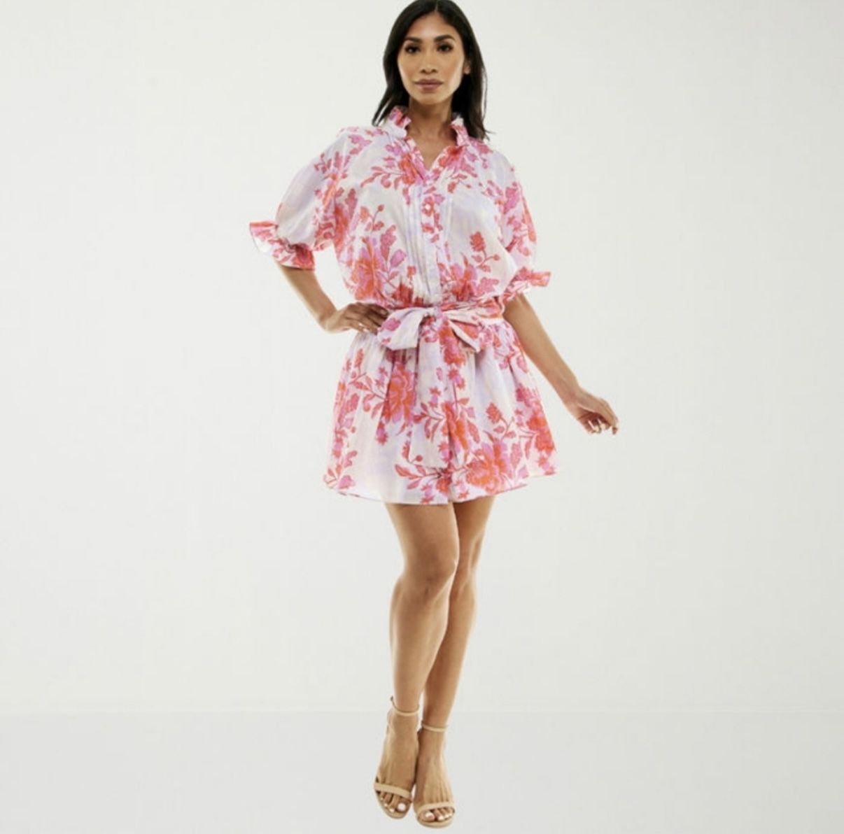 Premier Amour Floral Fit & Flare Button Dress Belted Puff Sleeve Cotton New