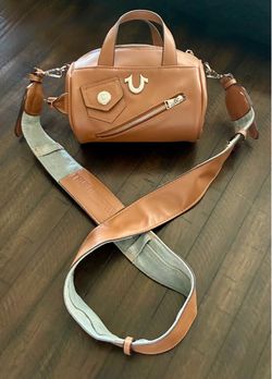True Religion Women's Mini Duffel Crossbody Bag-Cognac Brown Barrel Purse