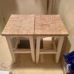 Matching Wicker Seat Stools On Wood 