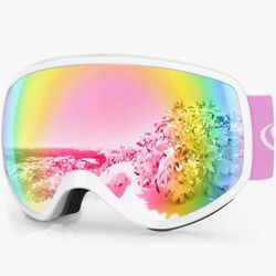 Ski Goggles, Kids Ski Goggles, Ages 3-12 Pink And White 